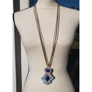 CHICO'S Blue Rhinestones & Beaded Large Pendant Necklace Gold Tone Triple Chain
